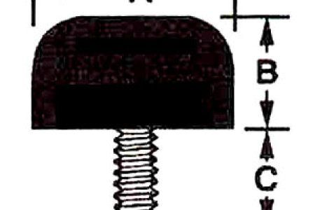 RF021 - Rubber Feet with molded-in 8-32 machine screw. A = 3/4", B = 7/16", C = 3/8"